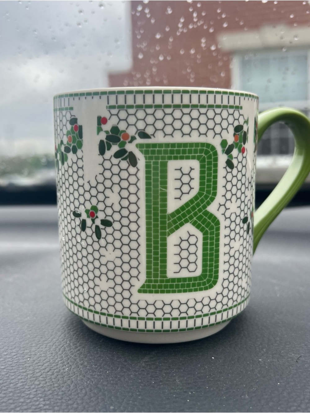 Anthropologie Festive Bistro Tile White Ceramic Mug Green Monogram B